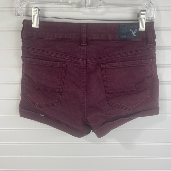 American Eagle Outfitters Hi-Rise Shortie Super Stretch Burgundy Denim Shorts - Picture 6 of 11